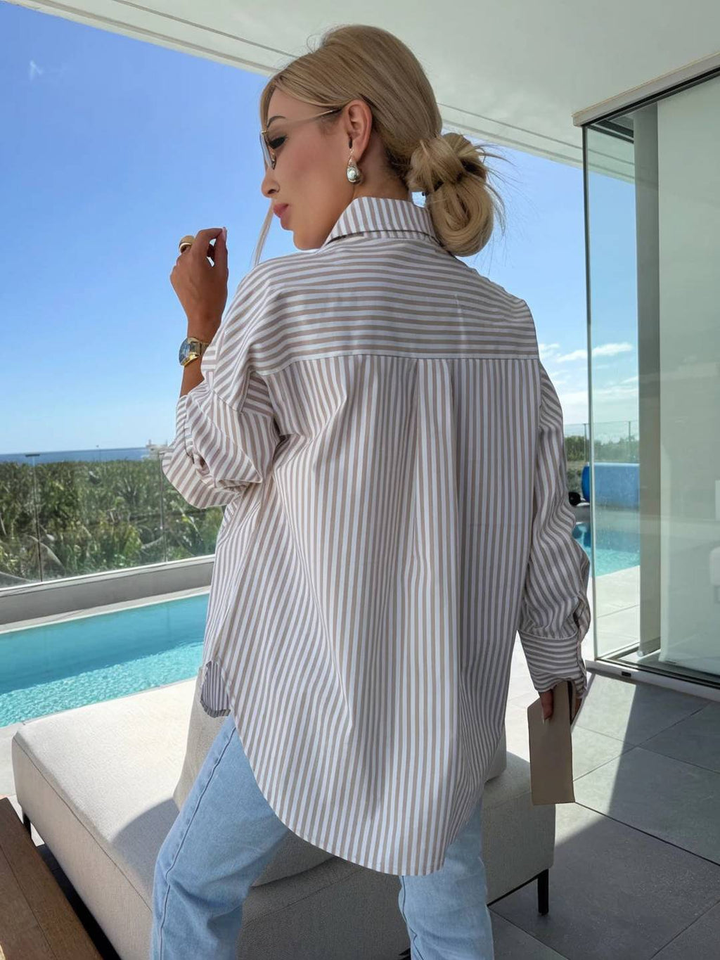 GR | Striped Blouse Button-Up Shirt Collar Long Sleeves Women's Elegant Tailored Casual Plus Sizes 