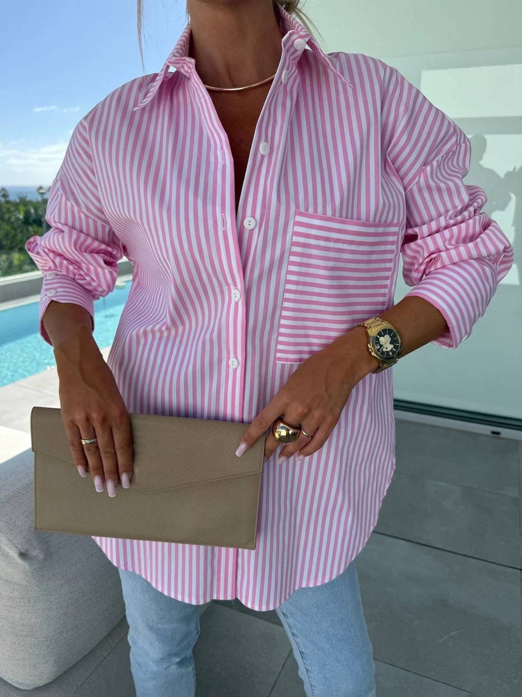 GR | Striped Blouse Button-Up Shirt Collar Long Sleeves Women's Elegant Tailored Casual Plus Sizes 