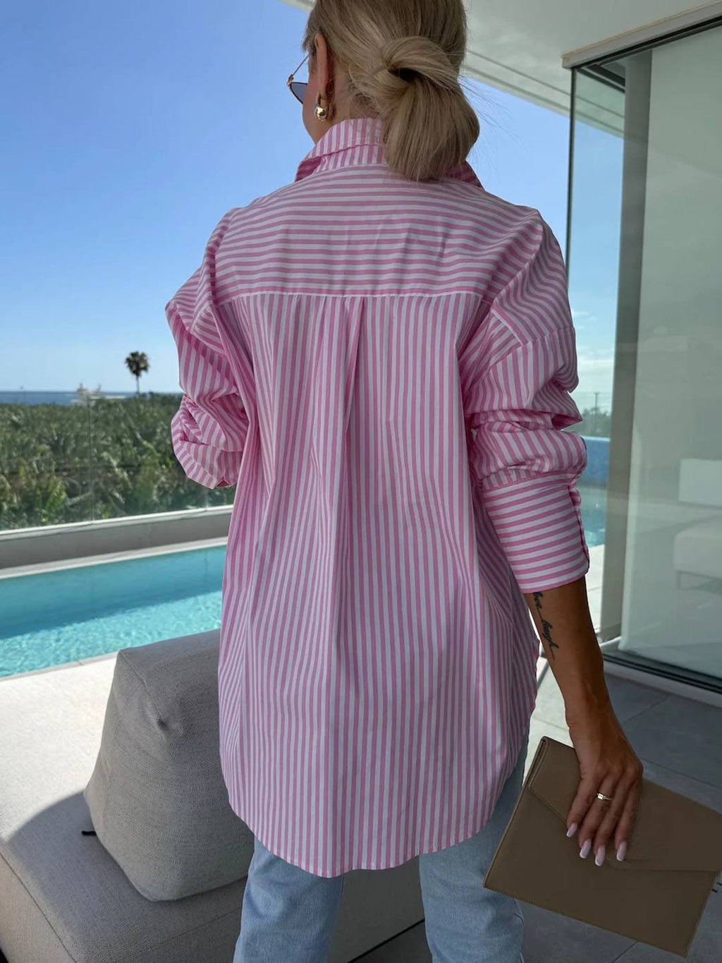 GR | Striped Blouse Button-Up Shirt Collar Long Sleeves Women's Elegant Tailored Casual Plus Sizes 