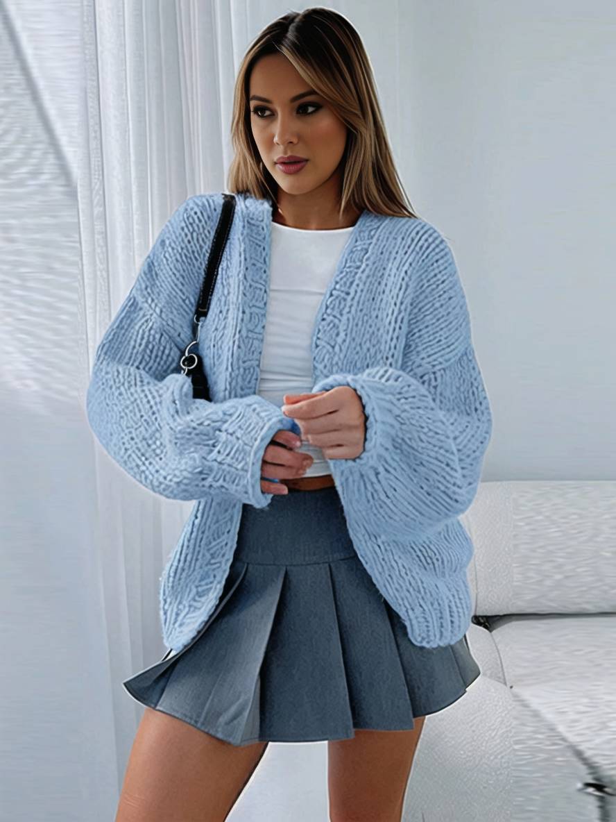GR | Chunky knit cardigan, solid color with dropped shoulders, long sleeve, women's, elegant, casual, wide, oversized blouson 