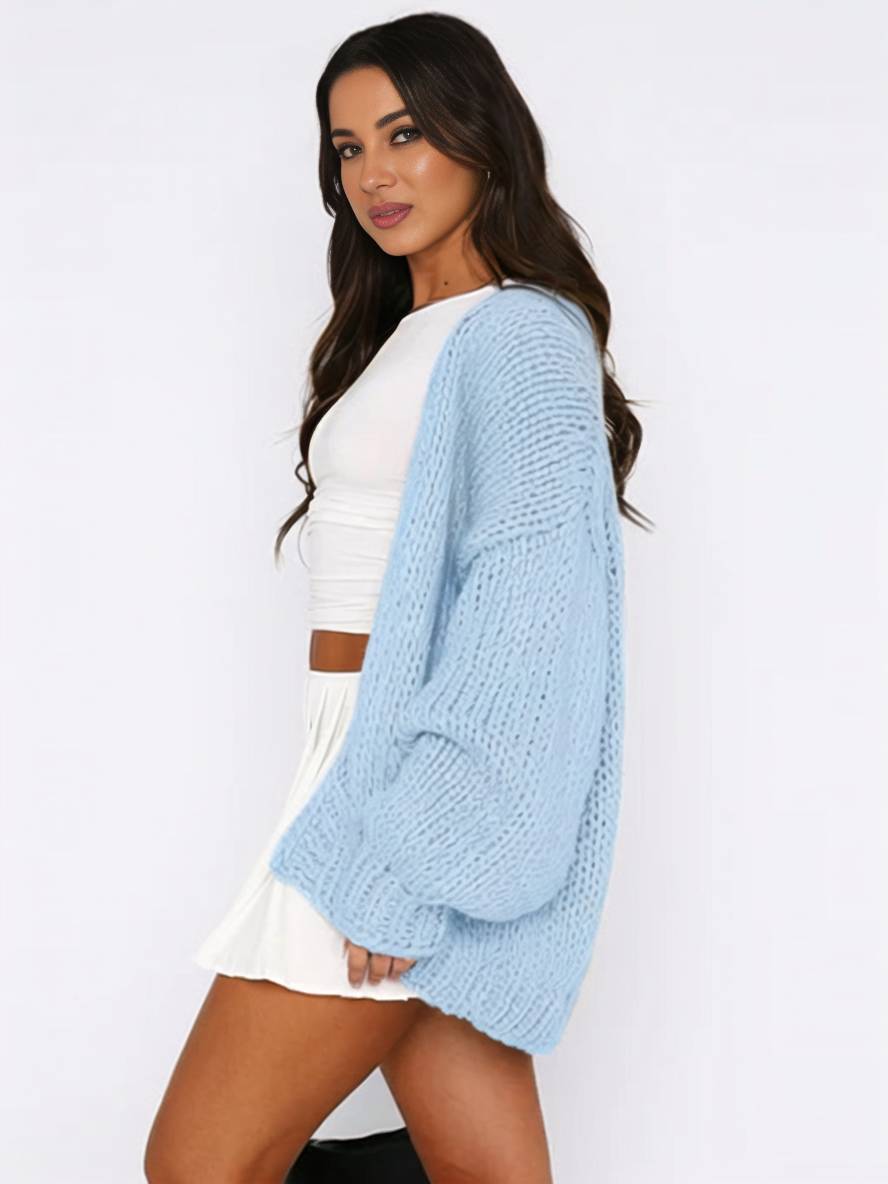 GR | Chunky knit cardigan, solid color with dropped shoulders, long sleeve, women's, elegant, casual, wide, oversized blouson 
