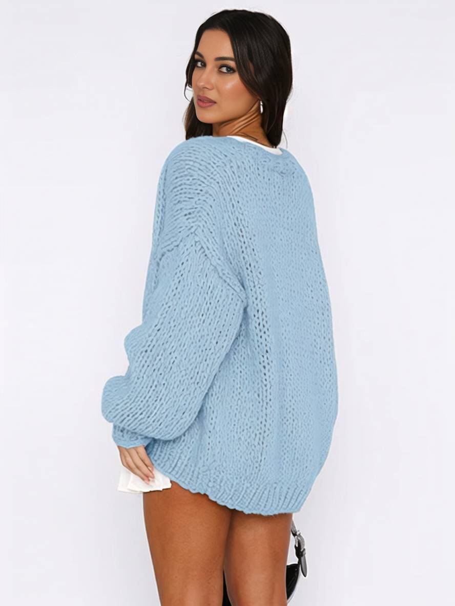 GR | Chunky knit cardigan, solid color with dropped shoulders, long sleeve, women's, elegant, casual, wide, oversized blouson 