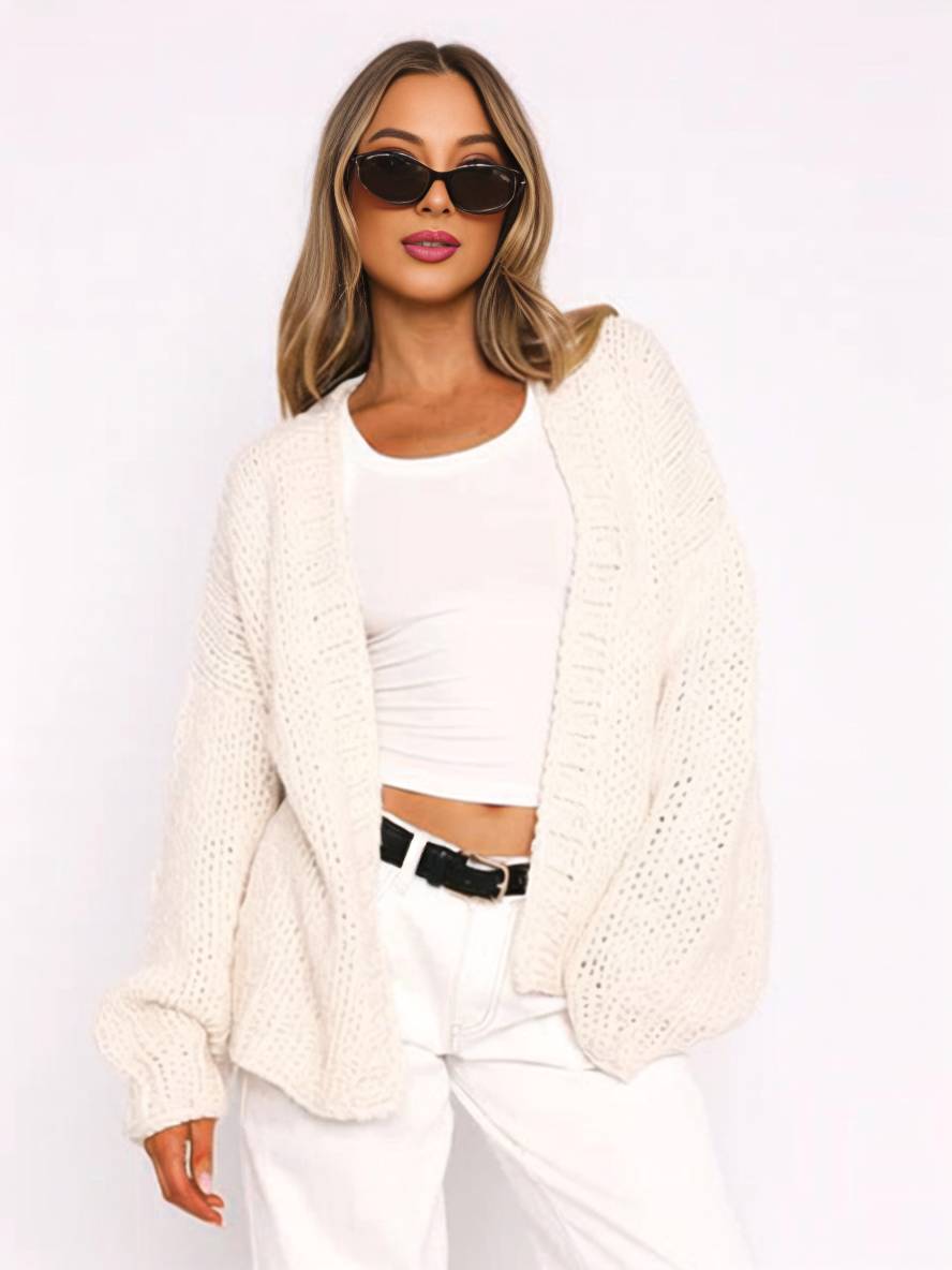 GR | Chunky knit cardigan, solid color with dropped shoulders, long sleeve, women's, elegant, casual, wide, oversized blouson 