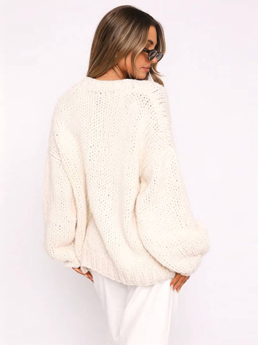 GR | Chunky knit cardigan, solid color with dropped shoulders, long sleeve, women's, elegant, casual, wide, oversized blouson 
