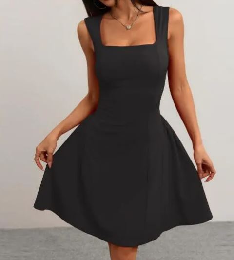Women's A-line dress with square neckline and swing skirt, size