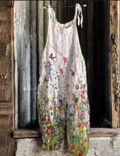 GR | Large floral pattern lightweight fabric dungarees