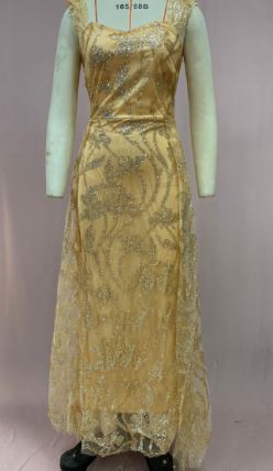 Women's glamorous evening dress with elaborate gold sequin embellishment and elegant puff sleeves, size S