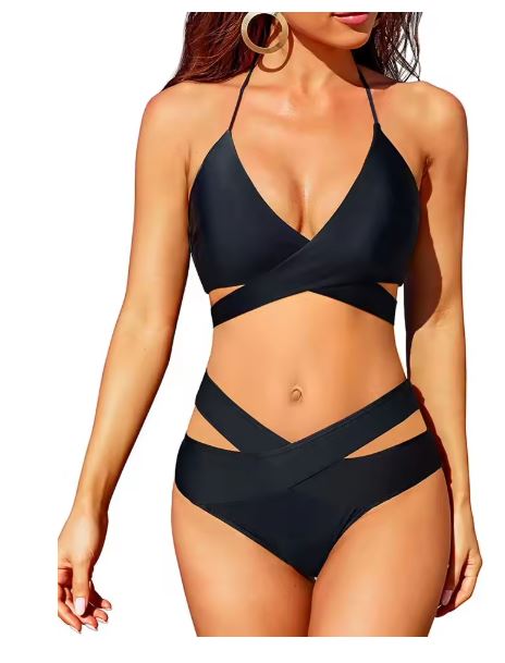 GR | High-waisted bikini swimsuit push-up halter wrap criss-cross 2-piece set