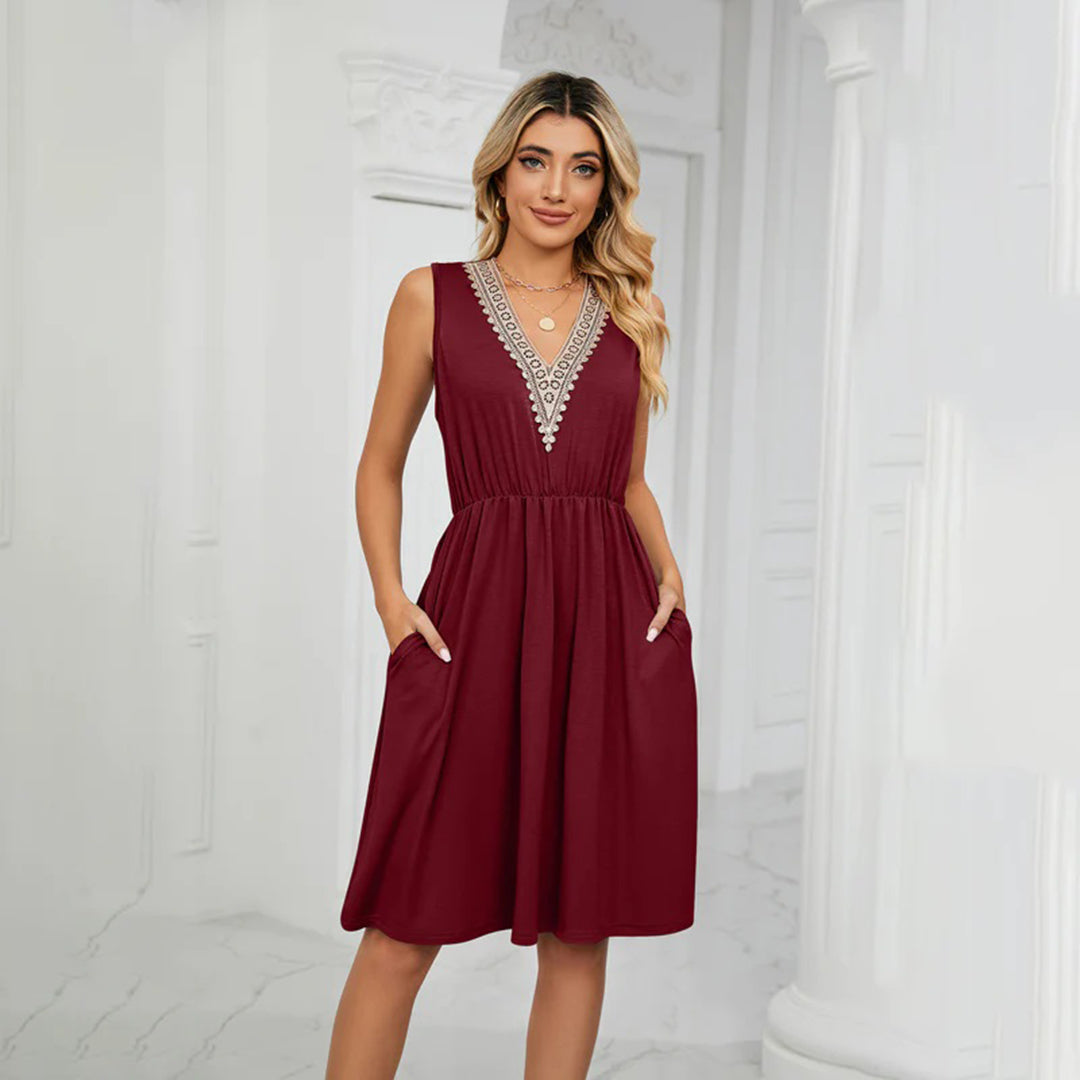 GR | Sleeveless dress, V-neck, embroidered, fitted, high-low hem, flowing cut