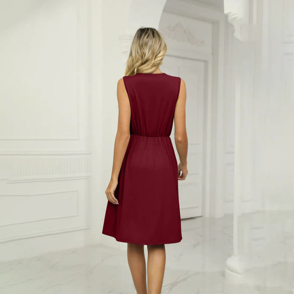 GR | Sleeveless dress, V-neck, embroidered, fitted, high-low hem, flowing cut