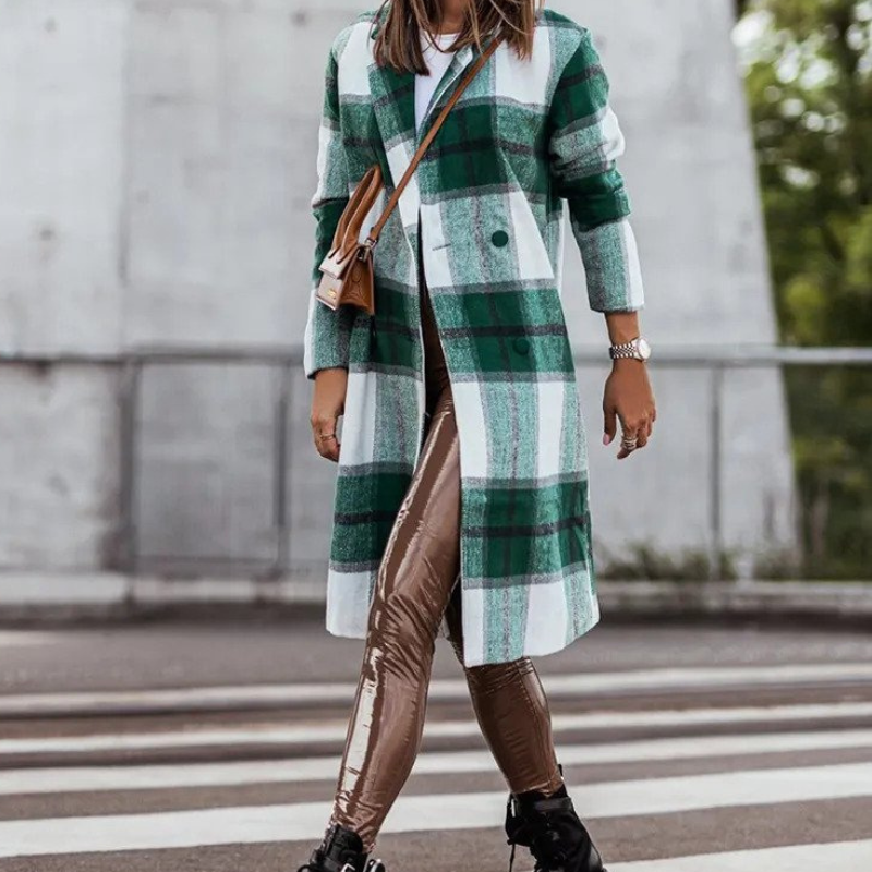 Wool coat | Long checked autumn coat for women
