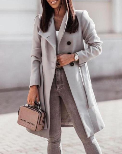 GR Long women's coat with button placket at the front and belt