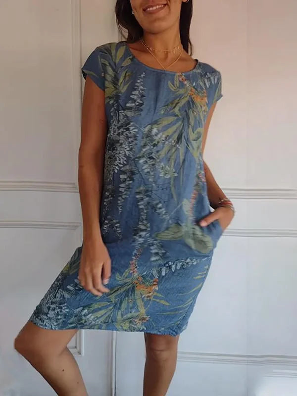 GR | Damenkleid aus Baumwolle und Leinen mit Rundhalsausschnitt