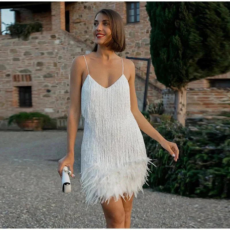 GR | Spaghetti Strap Feather Mini Dress Party Dress 