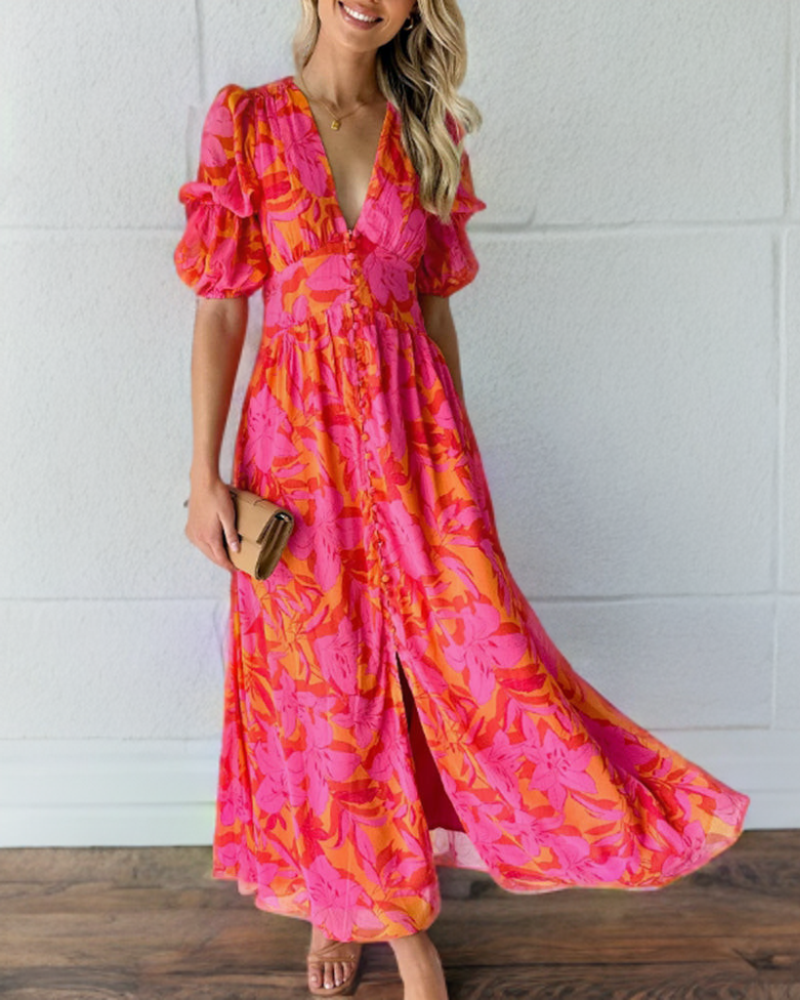 GR | Elegant dress with puff sleeves and deep V-neck print