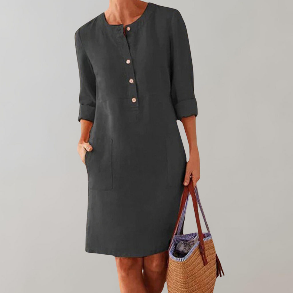 GR - Comfortable women's shirt dress | Button-down front dress | Timeless dress with three-quarter sleeves
