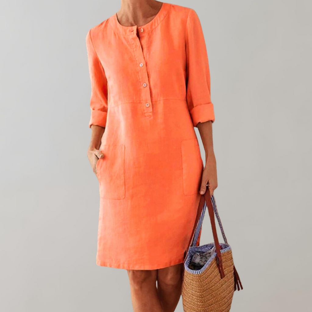 GR - Comfortable women's shirt dress | Button-down front dress | Timeless dress with three-quarter sleeves