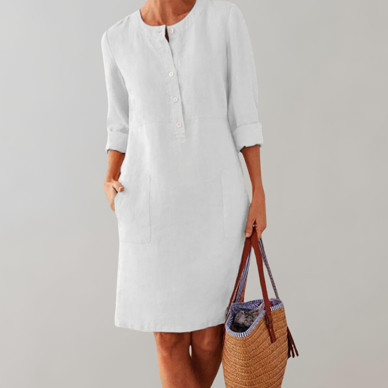 GR - Comfortable women's shirt dress | Button-down front dress | Timeless dress with three-quarter sleeves