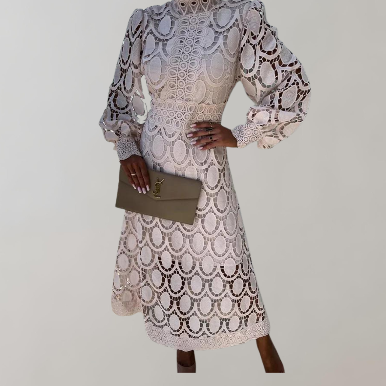 GR - Midikleid mit hohem Halsausschnitt und Spitzendetails | Kleid mit Puffärmeln und taillierten Bündchen