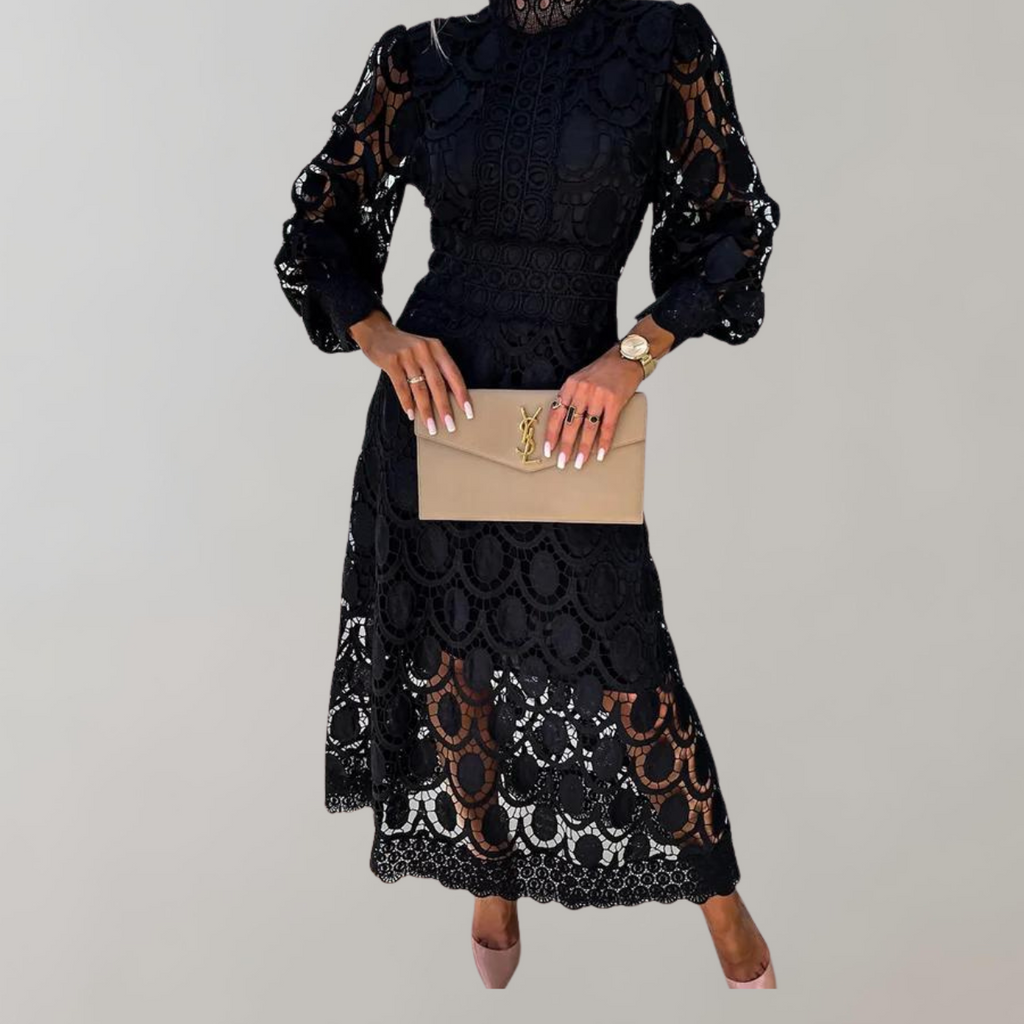 GR - Midikleid mit hohem Halsausschnitt und Spitzendetails | Kleid mit Puffärmeln und taillierten Bündchen