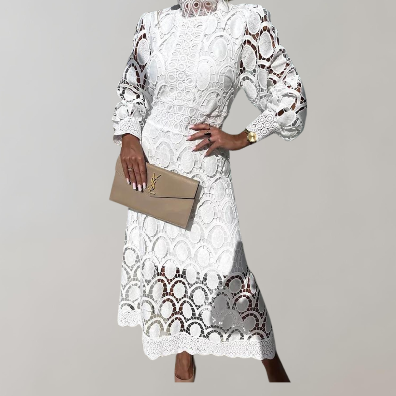 GR - Midikleid mit hohem Halsausschnitt und Spitzendetails | Kleid mit Puffärmeln und taillierten Bündchen