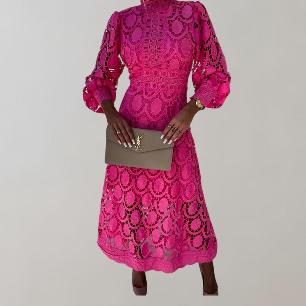 GR - Midikleid mit hohem Halsausschnitt und Spitzendetails | Kleid mit Puffärmeln und taillierten Bündchen
