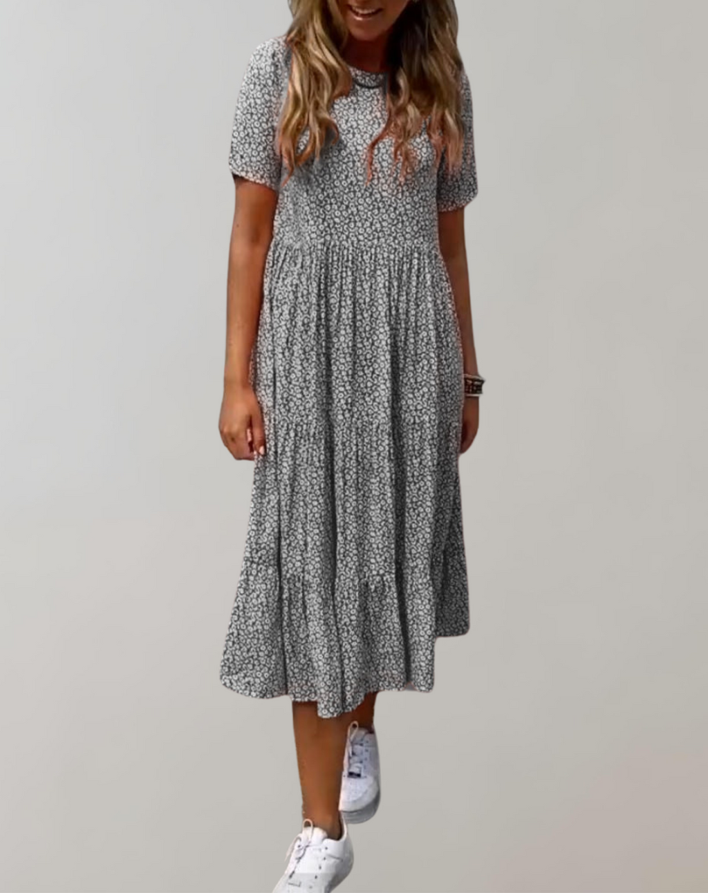 GR - Lässiges, kurzärmliges Midikleid mit Blumenmuster | fließendes Kleid für Damen