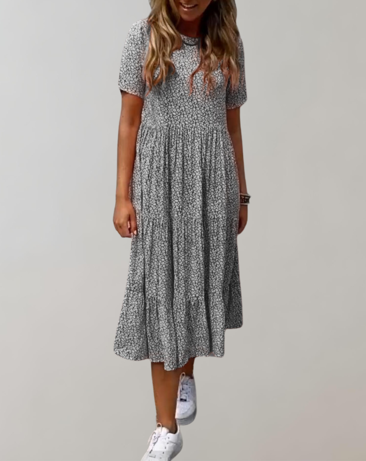 GR - Lässiges, kurzärmliges Midikleid mit Blumenmuster | fließendes Kleid für Damen
