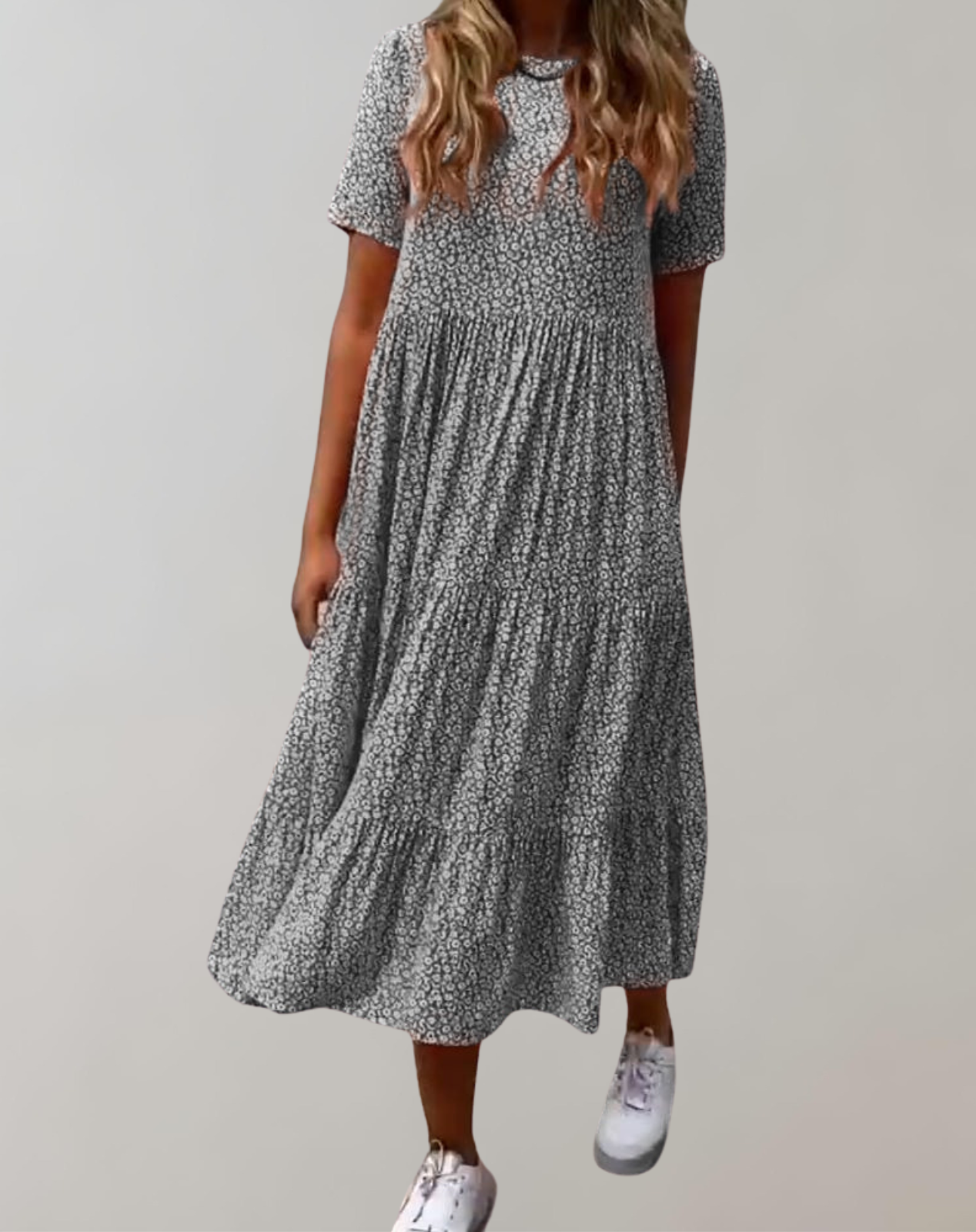 GR - Lässiges, kurzärmliges Midikleid mit Blumenmuster | fließendes Kleid für Damen