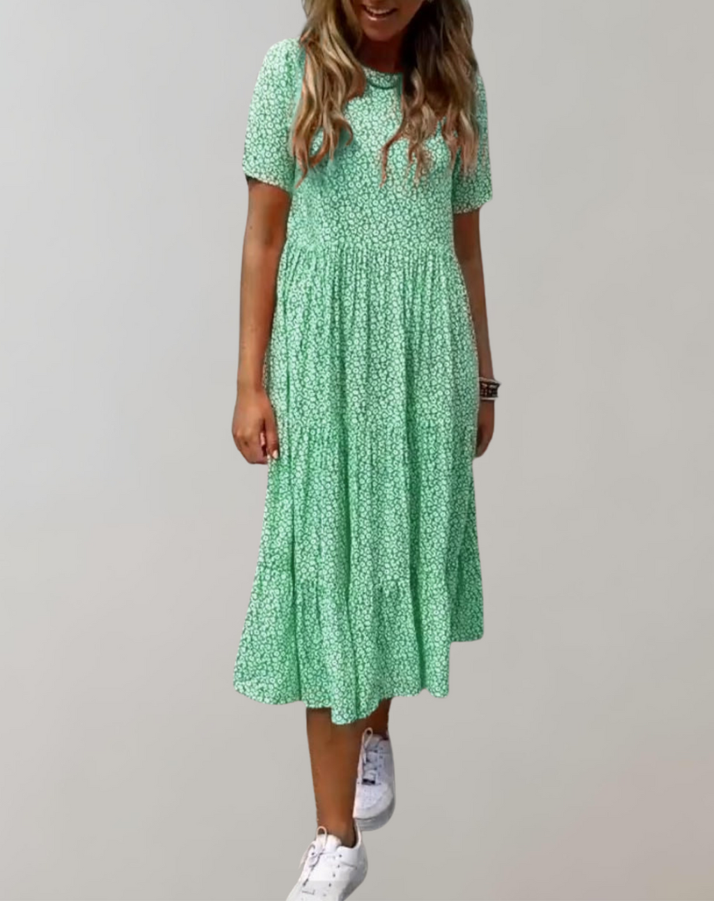 GR - Lässiges, kurzärmliges Midikleid mit Blumenmuster | fließendes Kleid für Damen