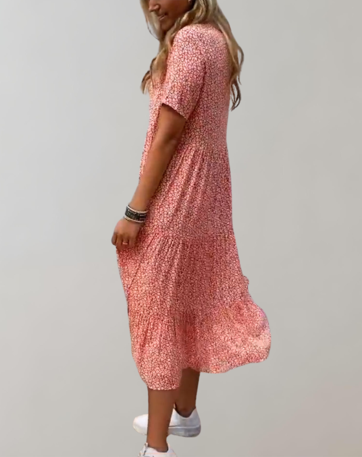 GR - Lässiges, kurzärmliges Midikleid mit Blumenmuster | fließendes Kleid für Damen