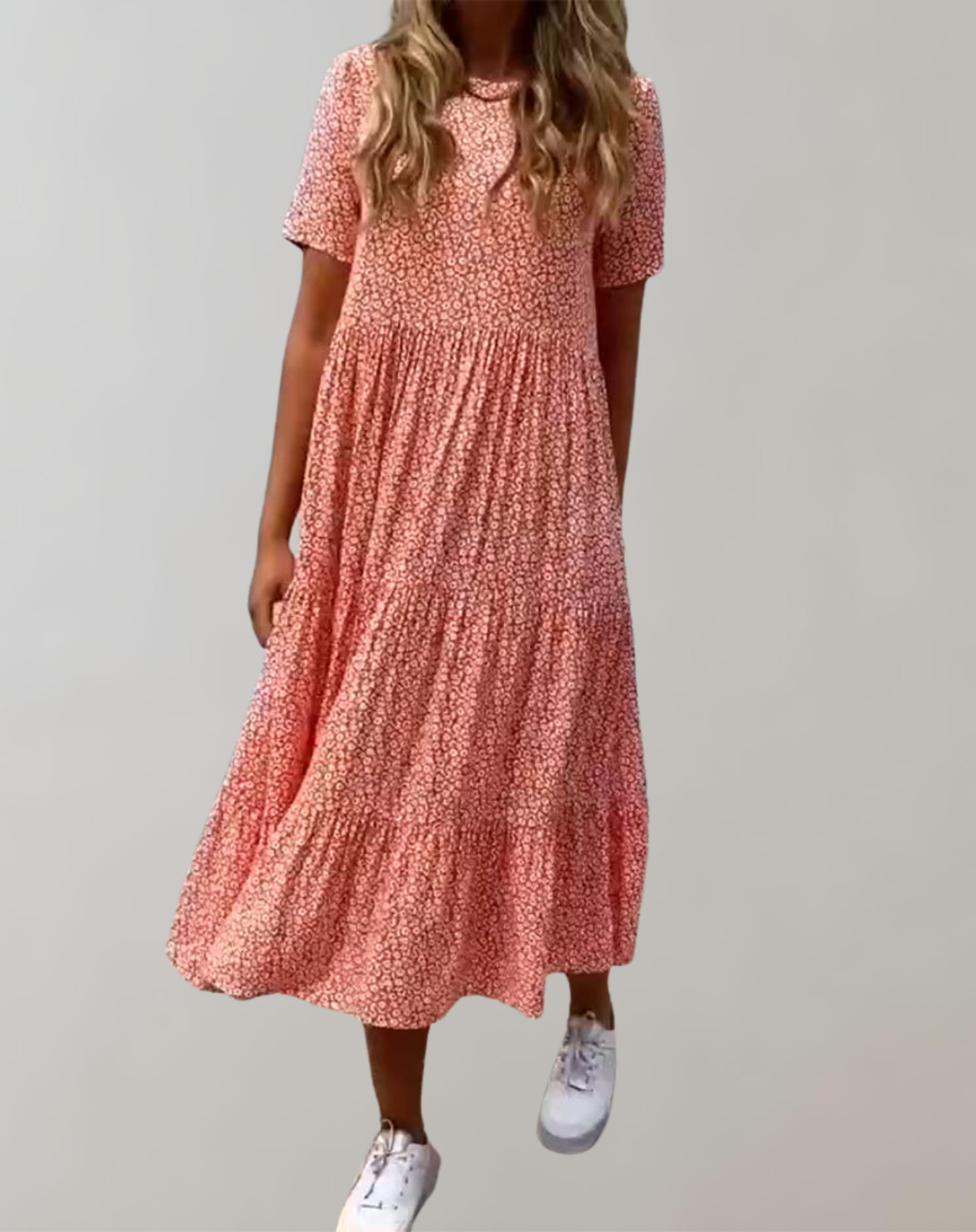GR - Lässiges, kurzärmliges Midikleid mit Blumenmuster | fließendes Kleid für Damen