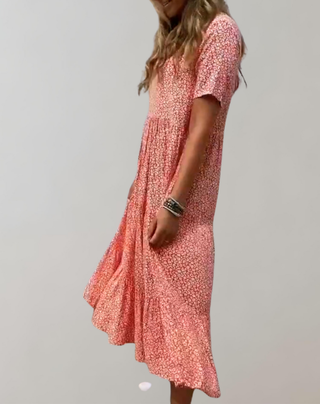 GR - Lässiges, kurzärmliges Midikleid mit Blumenmuster | fließendes Kleid für Damen