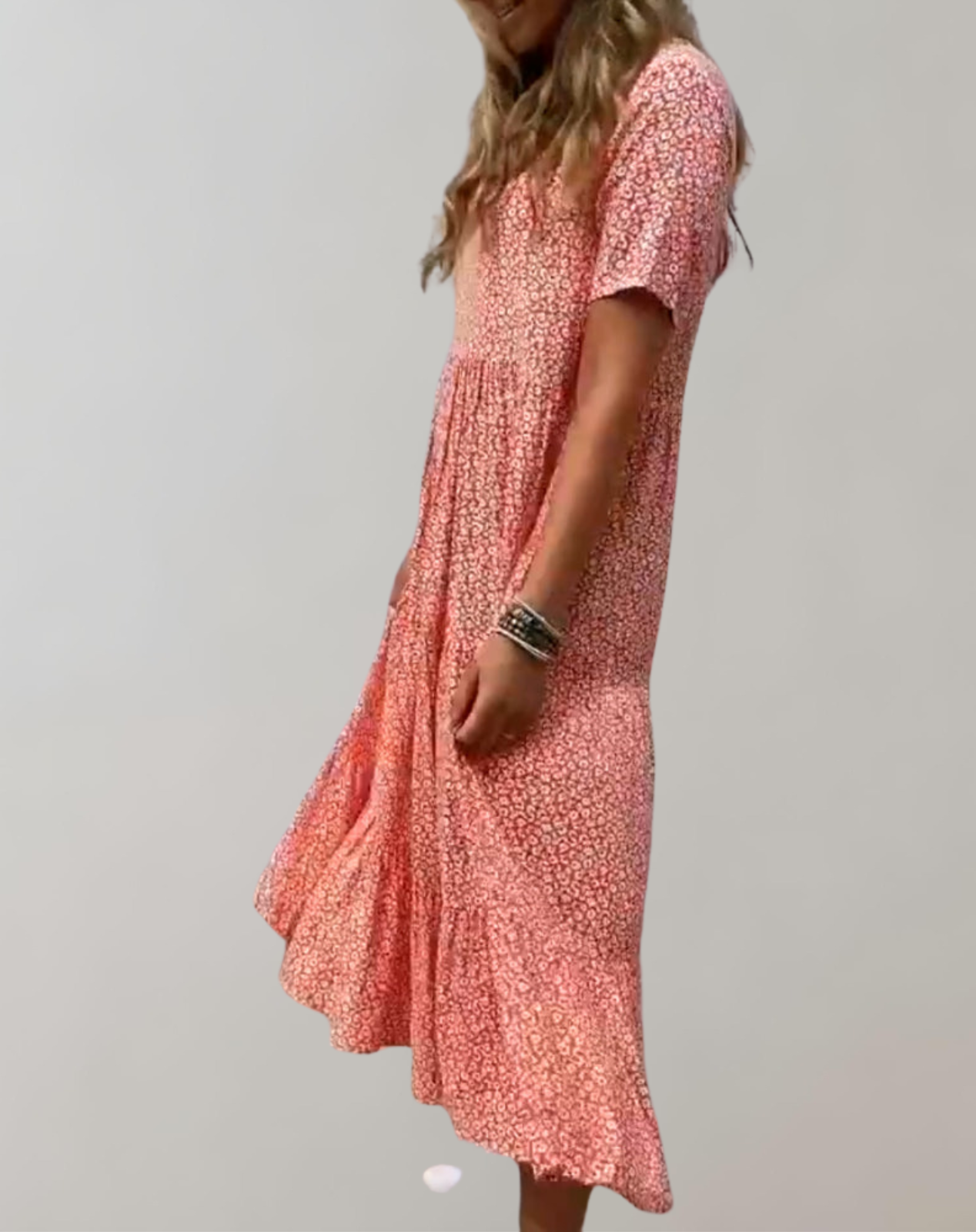 GR - Lässiges, kurzärmliges Midikleid mit Blumenmuster | fließendes Kleid für Damen