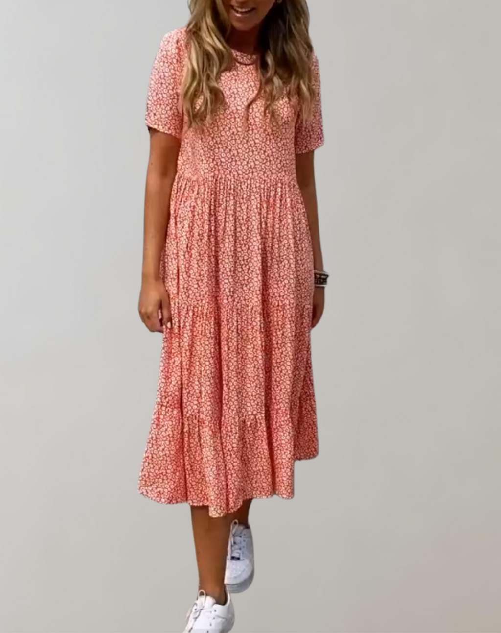 GR - Lässiges, kurzärmliges Midikleid mit Blumenmuster | fließendes Kleid für Damen