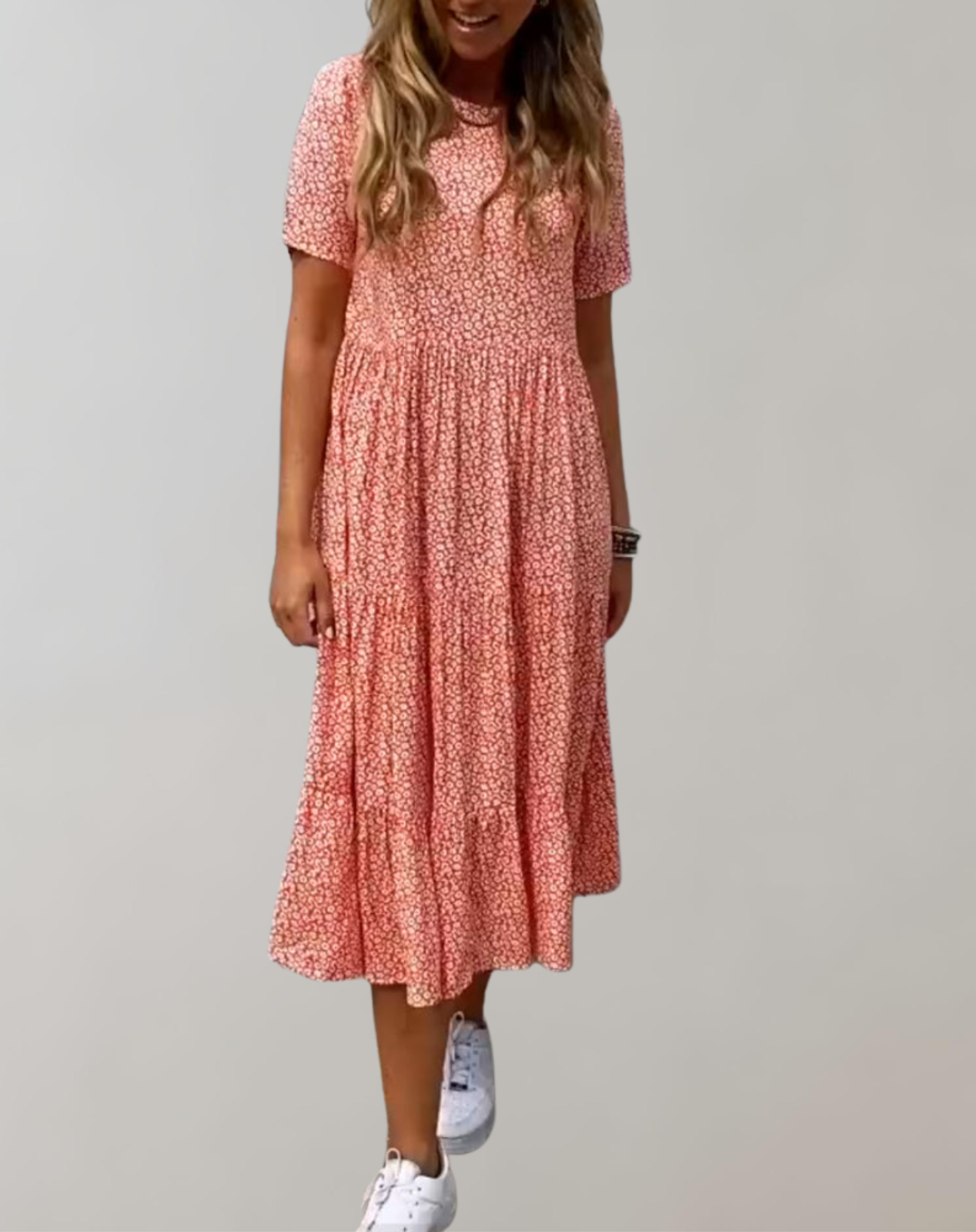 GR - Lässiges, kurzärmliges Midikleid mit Blumenmuster | fließendes Kleid für Damen