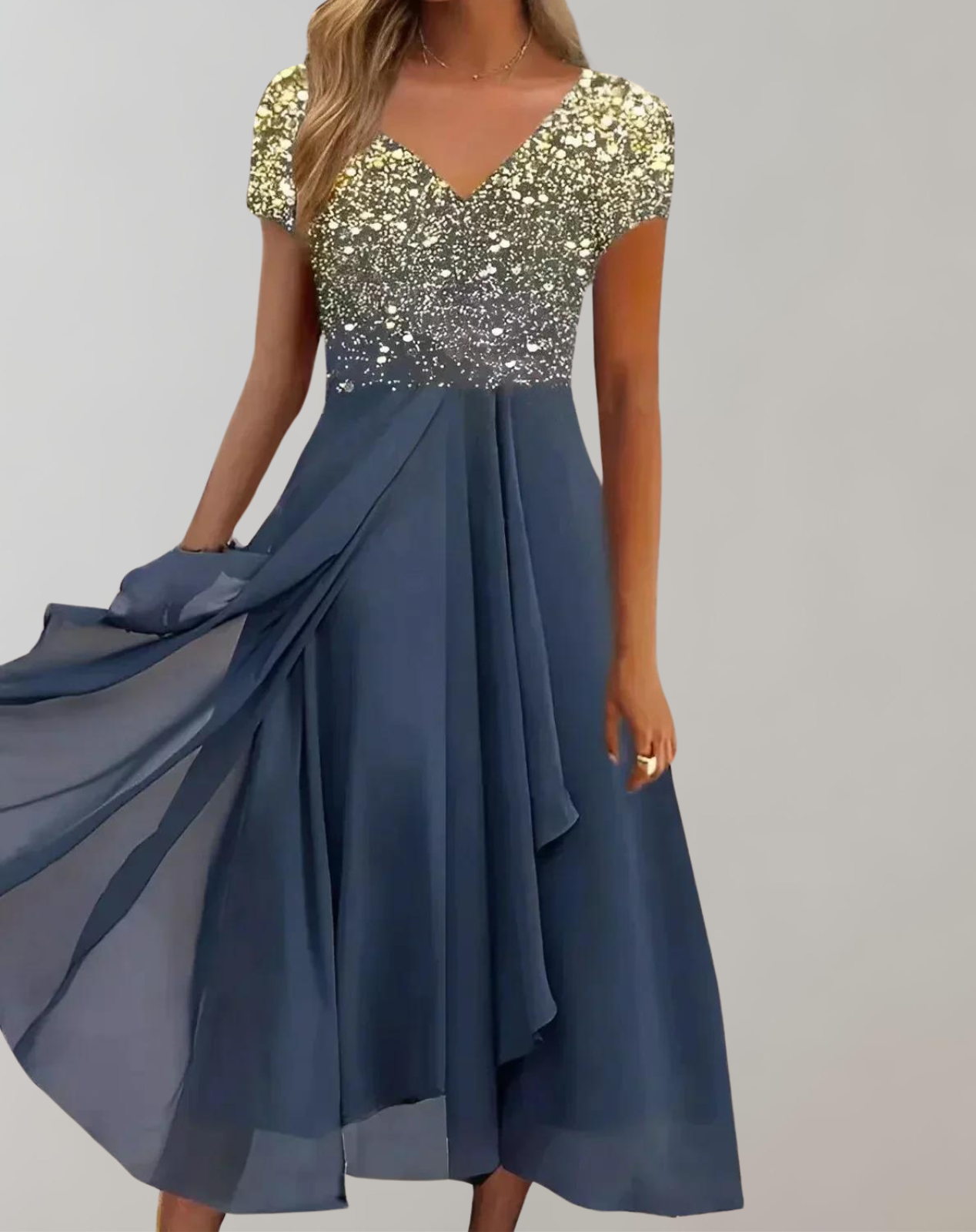 Luméa™ – Elegant evening dress with floral shimmer & flowing skirt