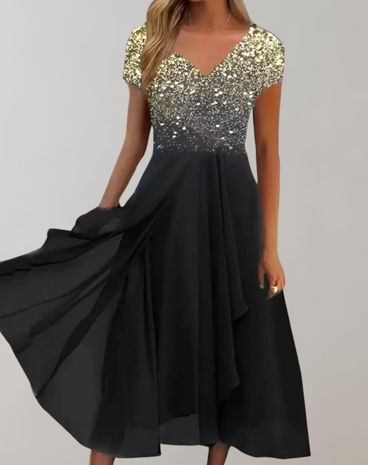 Luméa™ – Elegant evening dress with floral shimmer & flowing skirt