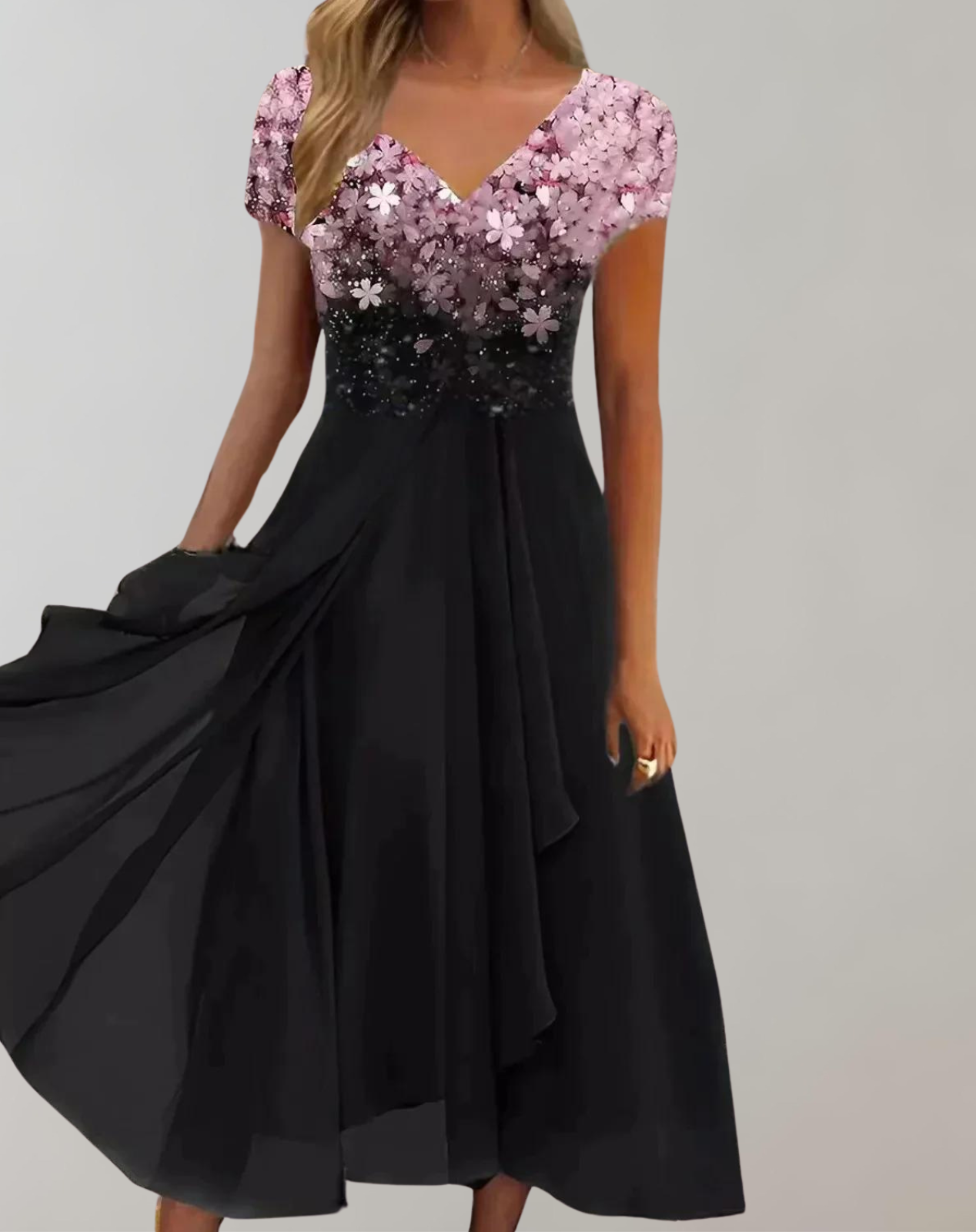 GR - Dress with vibrant flowers | Evening dress for women | Shiny top dress