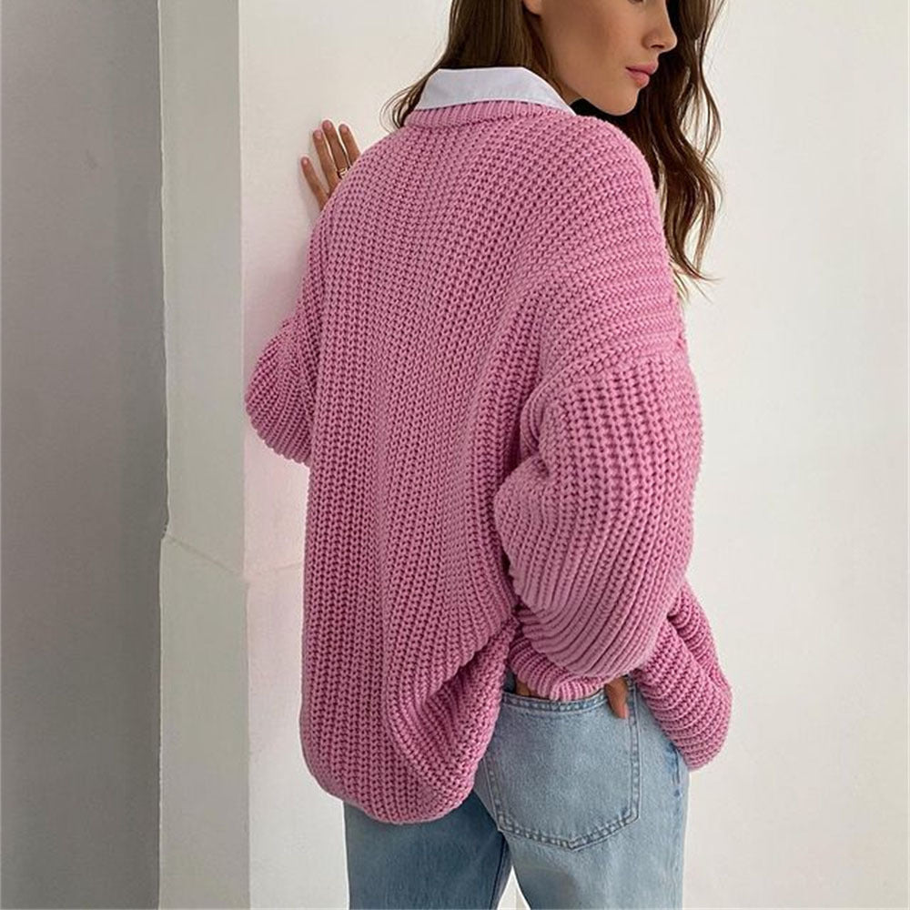 GR – Fashionable solid-color knit sweater with round neck