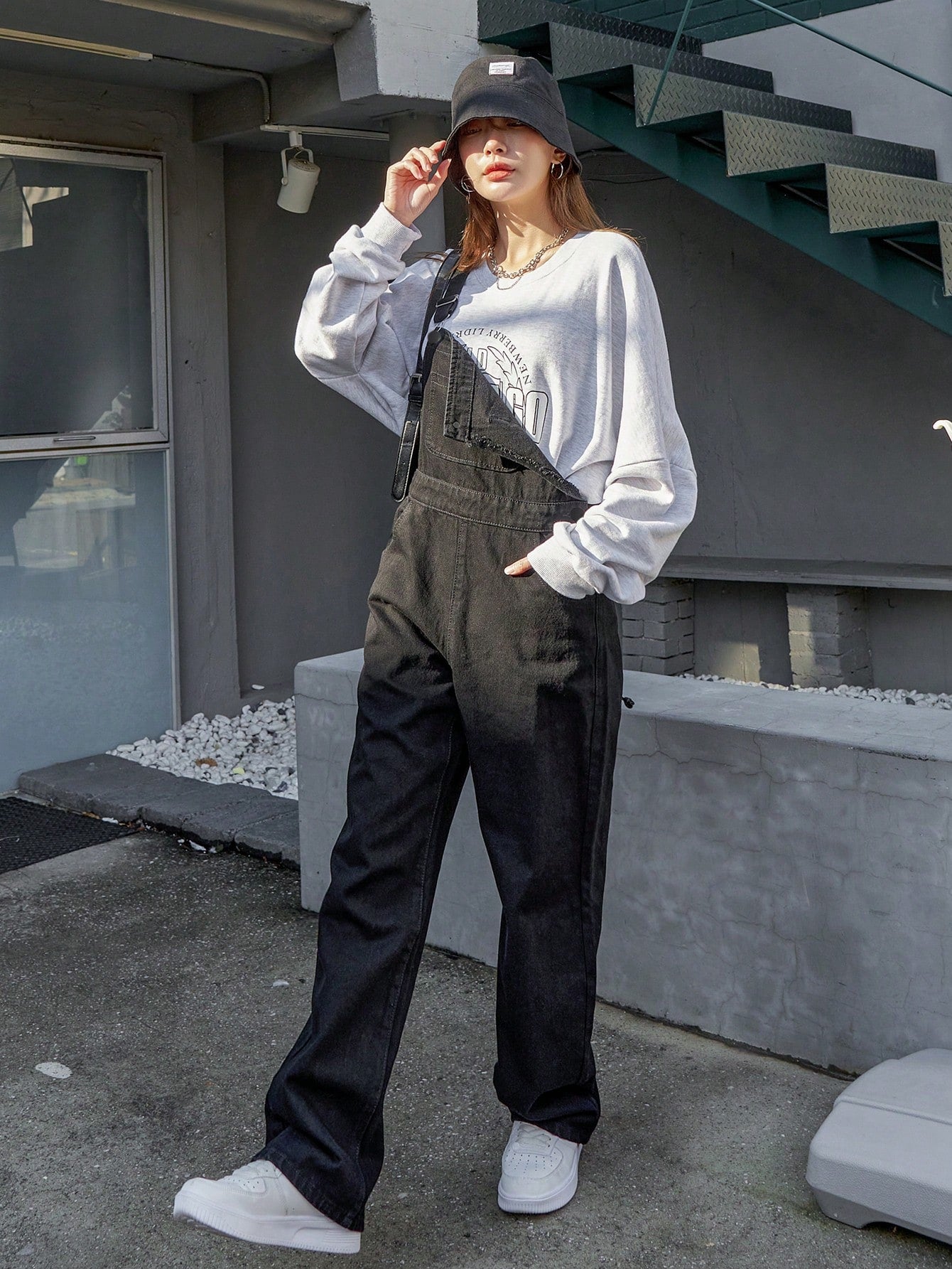GR | Slanted pocket denim dungarees without sweatshirt 