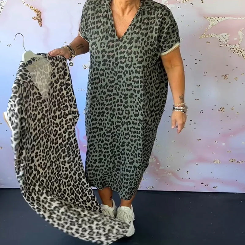 GR | Relaxed V-neck leopard print dress for women