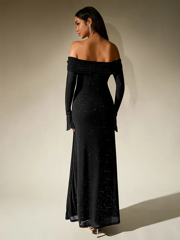 GR | Schulterfreies Abendkleid in Braun Mit Glitzer