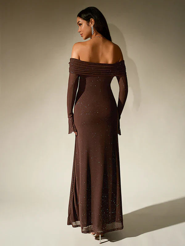 GR | Schulterfreies Abendkleid in Braun Mit Glitzer