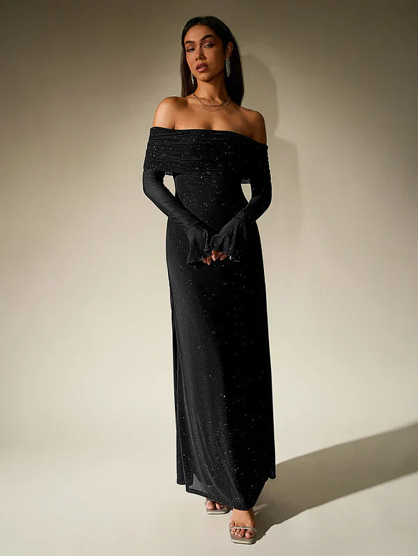 GR | Schulterfreies Abendkleid in Braun Mit Glitzer