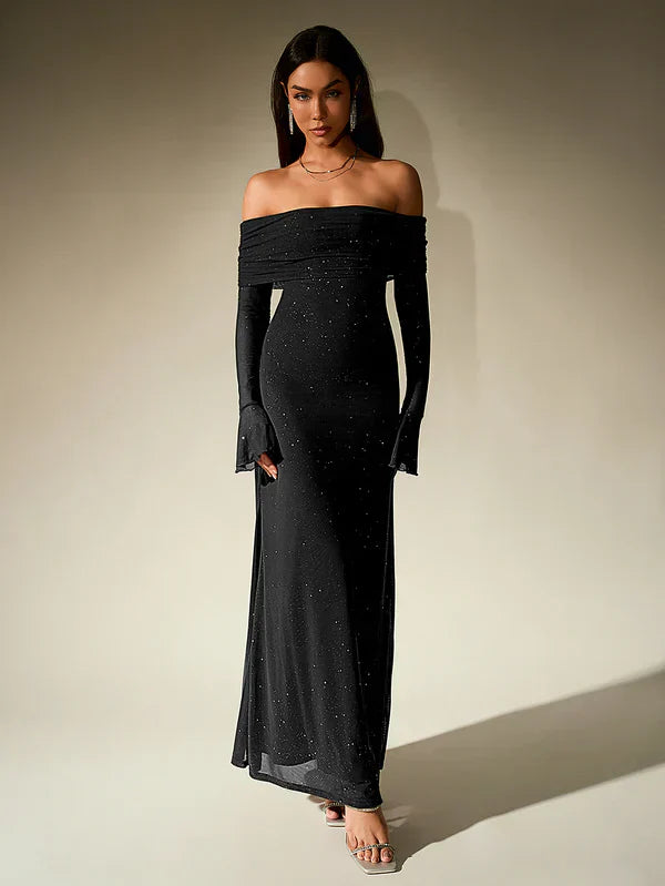 GR | Schulterfreies Abendkleid in Braun Mit Glitzer