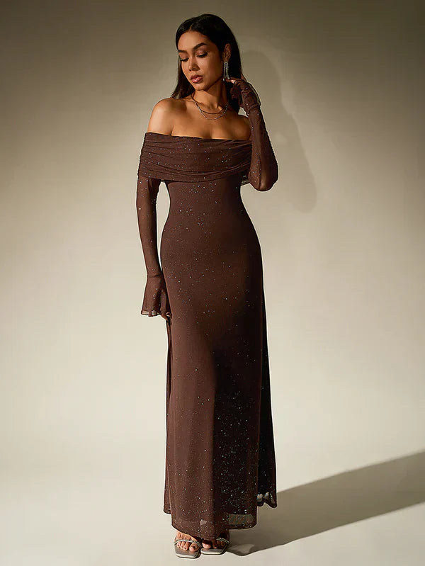 GR | Schulterfreies Abendkleid in Braun Mit Glitzer