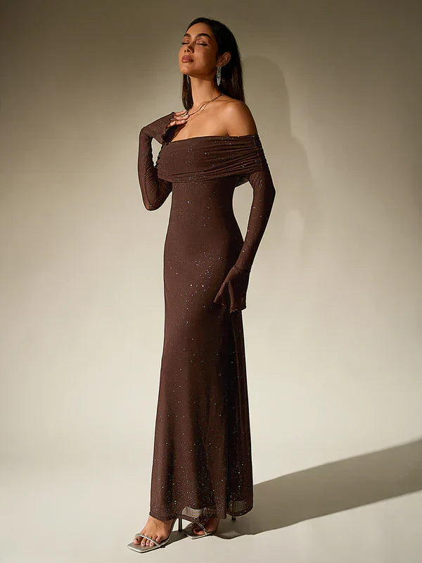 GR | Schulterfreies Abendkleid in Braun Mit Glitzer