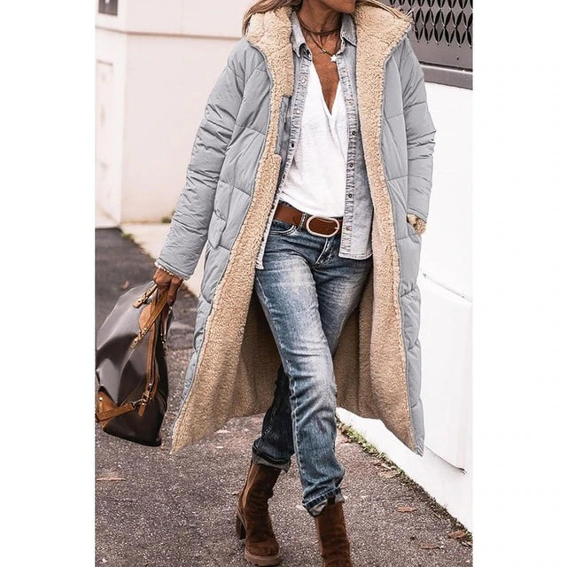 Long, comfortable coat that can be worn on both sides.