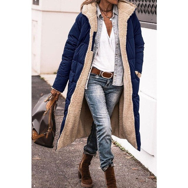 Long, comfortable coat that can be worn on both sides.